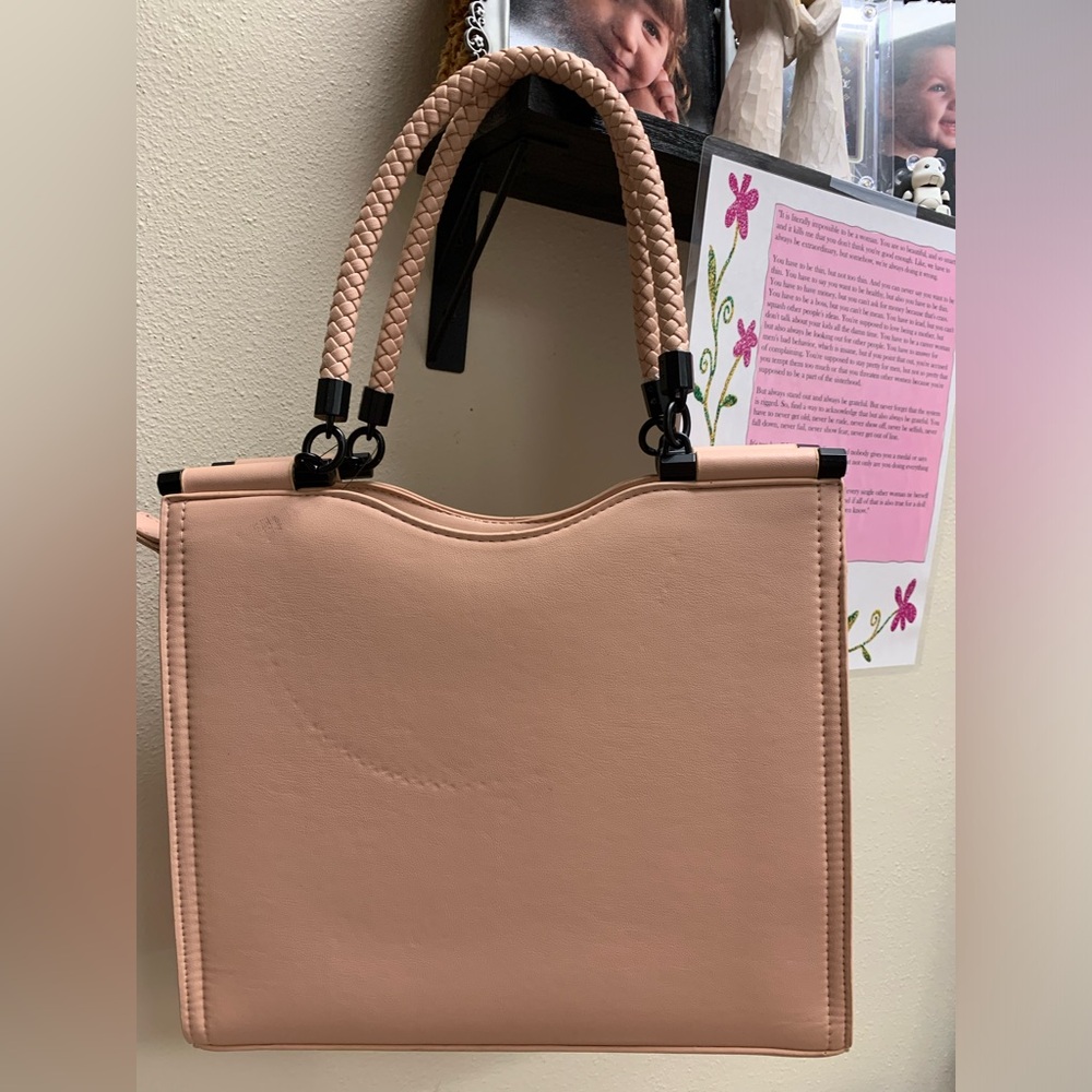 Blush Pink Structured Tote Bag with Braided Handle - Picture 8 of 13